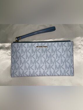 Michael Kors Pale Blue MK Logo Wristlet with Gold Hardware